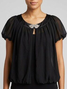 Laura Black Chiffon Balloon Shrug Bolero Jeweled Clasp Formal Wedding Guest Sz M